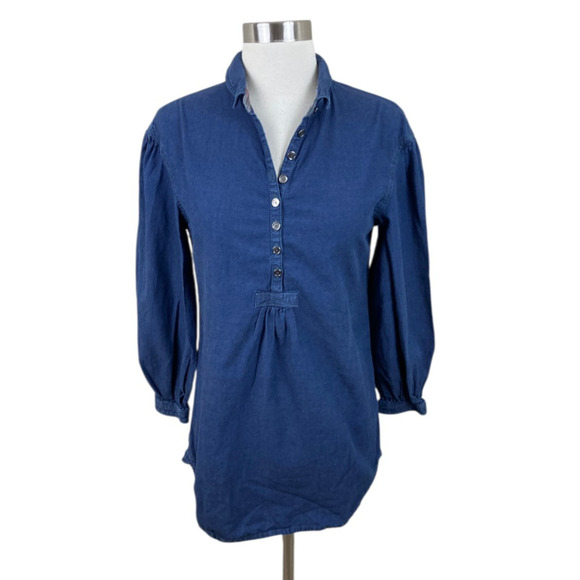 Burberry Tops - Burberry Brit Chambray Blue Popover Size XS Plaid Trim Detail Quiet Luxury